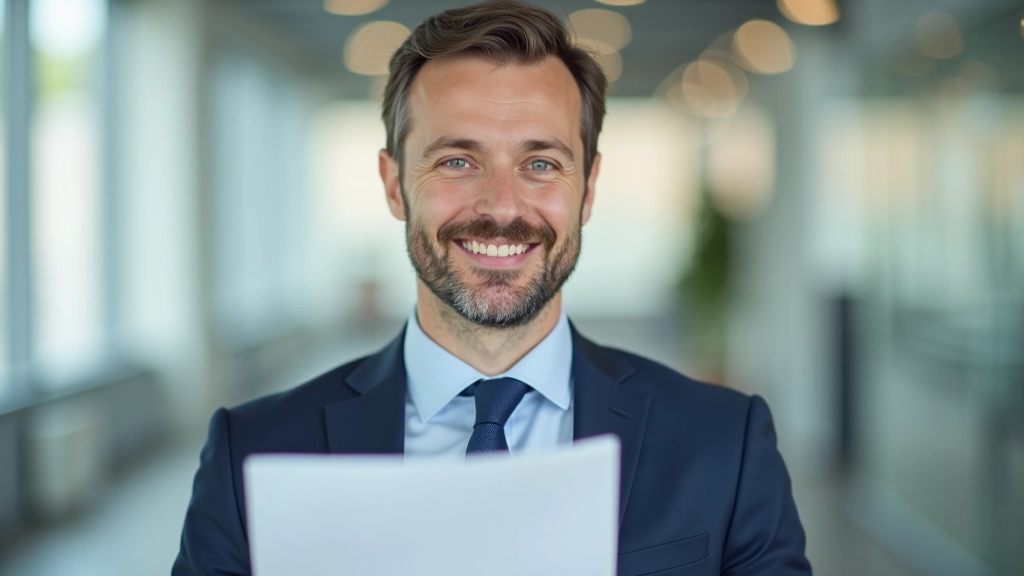 Glücklicher Beamter schaut auf Gehaltsabrechnung, helles Büro mit Pflanzen im Hintergrund