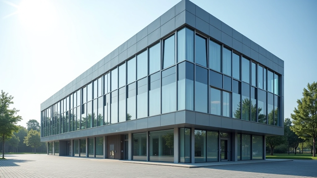 Modernes Verwaltungsgebäude mit Bürofenstern und Arbeitsplätzen